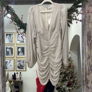 Storia Beige Long Sleeve Ruched Dress